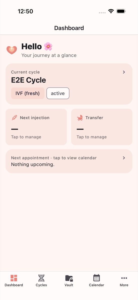 Mirabie dashboard showing a current IVF cycle